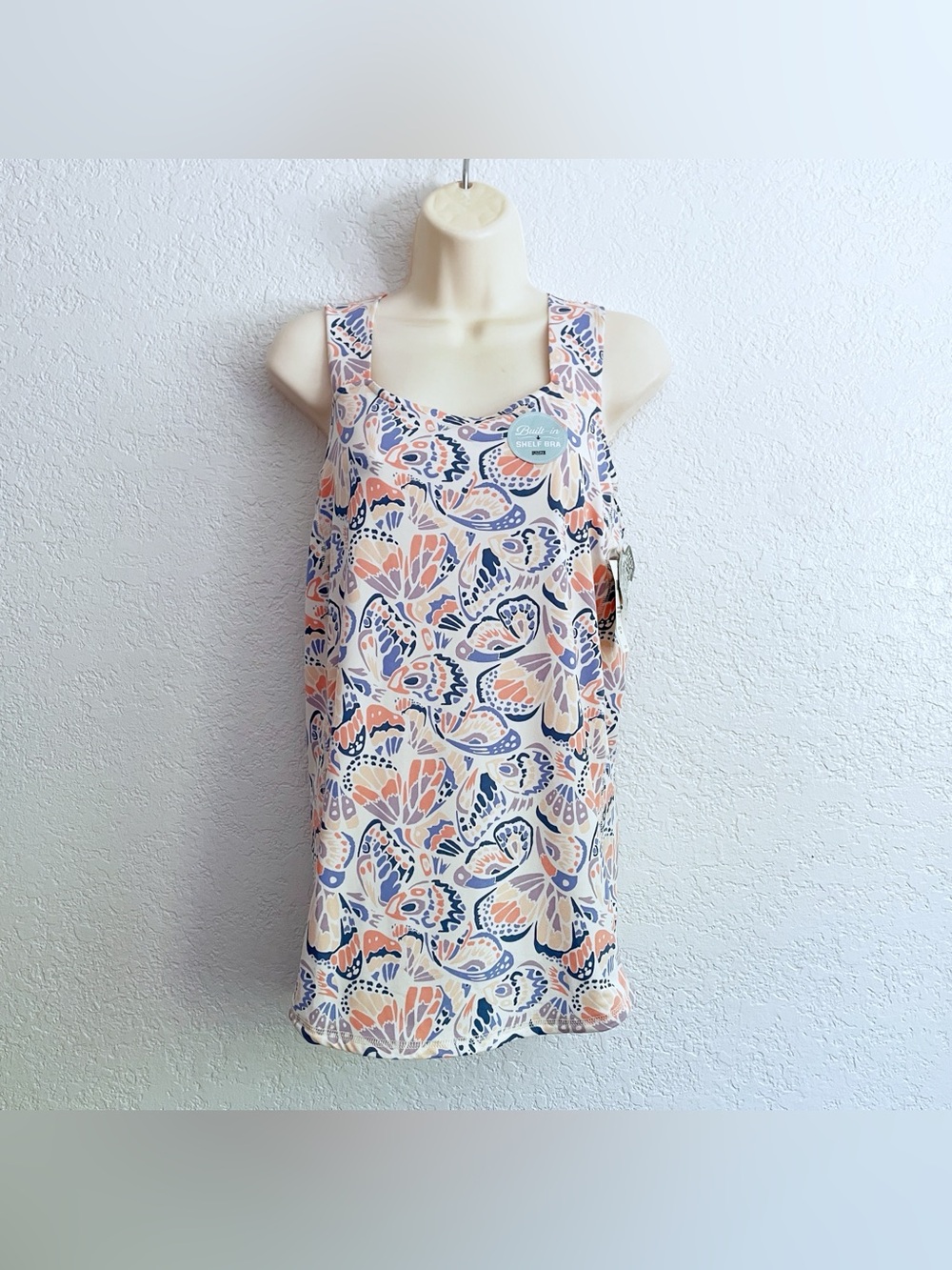 NWT Duluth No-Yank Shelf Bra Butterfly Sleeveless Tank Top Orange Blue XS Wick